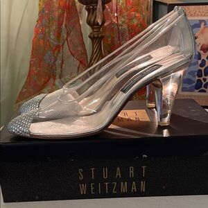 Stuart Weitzman Clear Lucite High Heels Shoe Rhinestone Toe 9AA Spain NOS